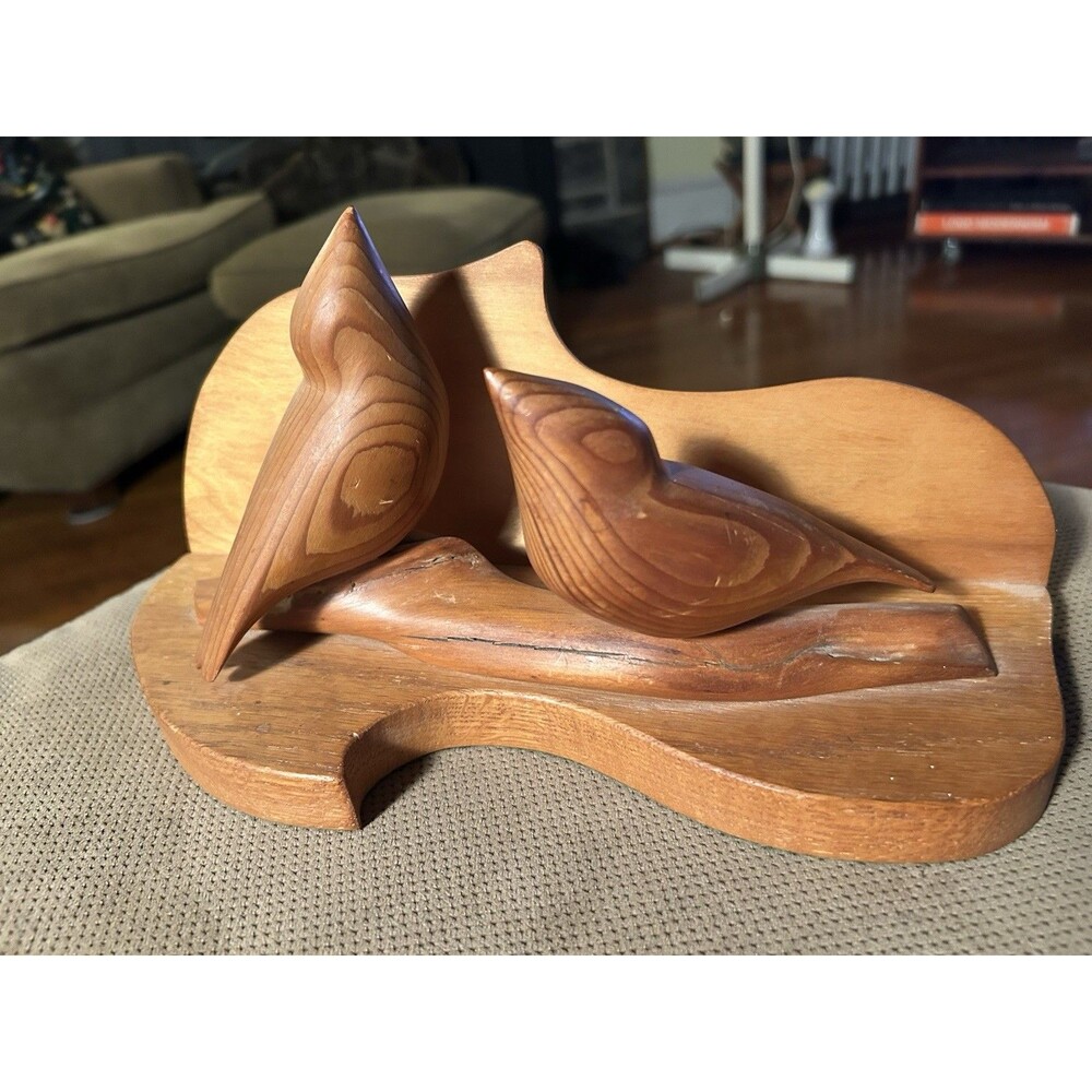 Vintage American Sparrows Cedar Wood Carving MCM Alf Renshaw Canadian Artist
